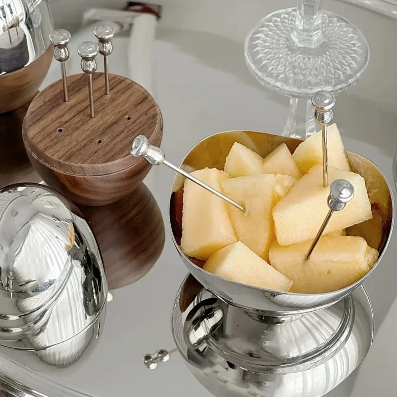 Nordic Style Luxury Walnut And Stainless Steel Fruit Skewers Set - Aesthetic Cocktail Picks for Party And Home Use
