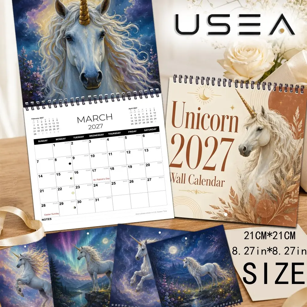 2027 Unicorn Wall Calendar,12 Month Yearly Organizer, Twin Wire Spiral,US Federal Holidays Moon Phases,Aesthetic Boho Wall Decor
