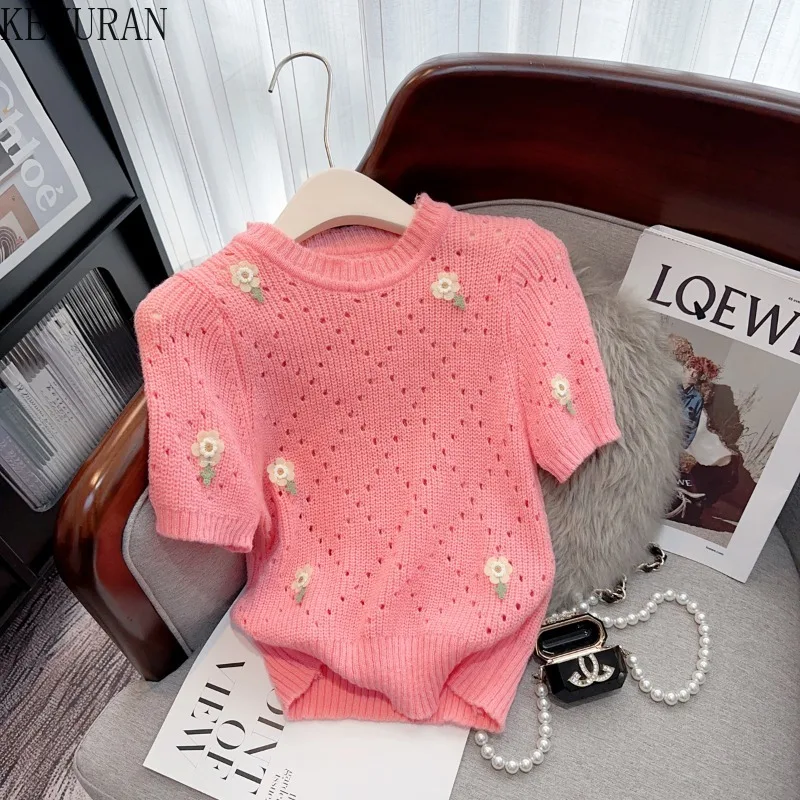 Sweet Flower Hollow Out Sweater for Women\'s 2024 Summer New Vintage Fashion Versatile Short Sleeved Pullover Knitted Tops Jumper