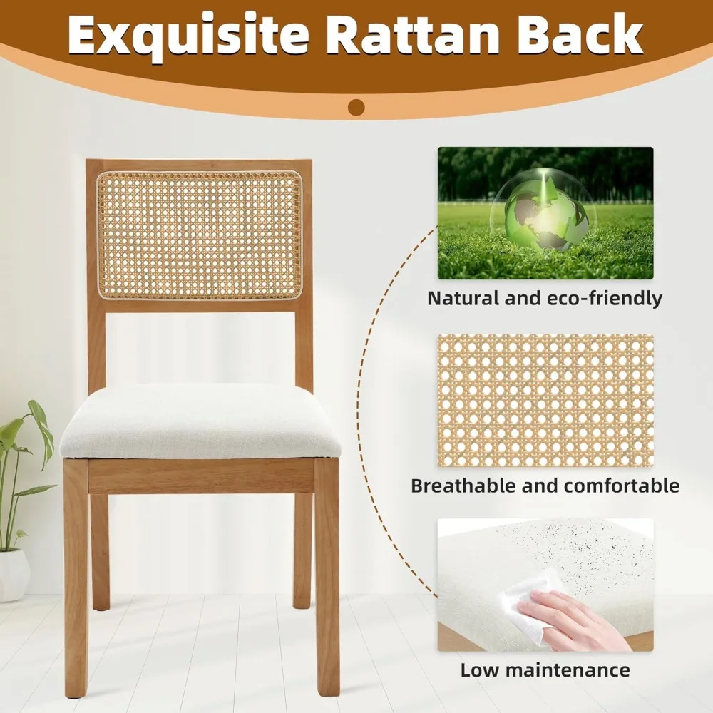 Rattan Dining Chairs Set of 4,Farmhouse Natural Dining Room Chairs  Upholstered Cushion, Wood Armless Chairs Kitchen/Restaurant