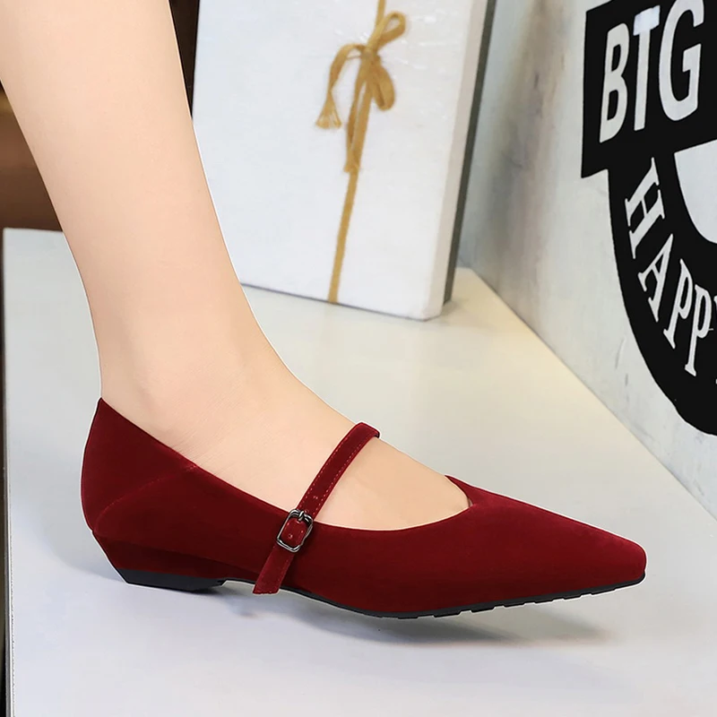 

Women Glam Wine Red 3cm High Heels Mary Jane Shoes Lady Fashion Flock Buckle Strap Pumps Female Daily Office Casual Shoes