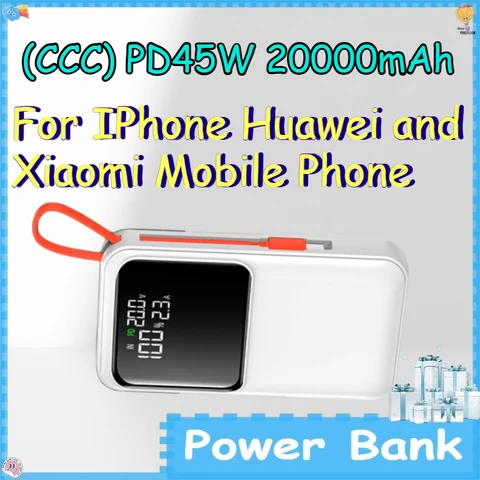 (CCC) PD45W 20000 мАч портативный внешний аккумулятор для iPhone, Huawei и Xiaomi, ультратонкий, со встроенным кабелем