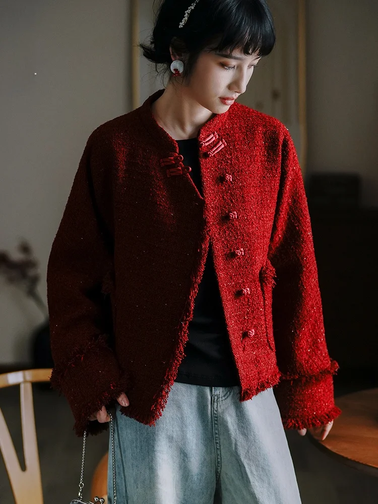 

Red Chinese Sle Outerwear Jiangnan Sle Small Fraance Wind Cisas Jaet Wedding Par Winter Thiened Long Sve W...