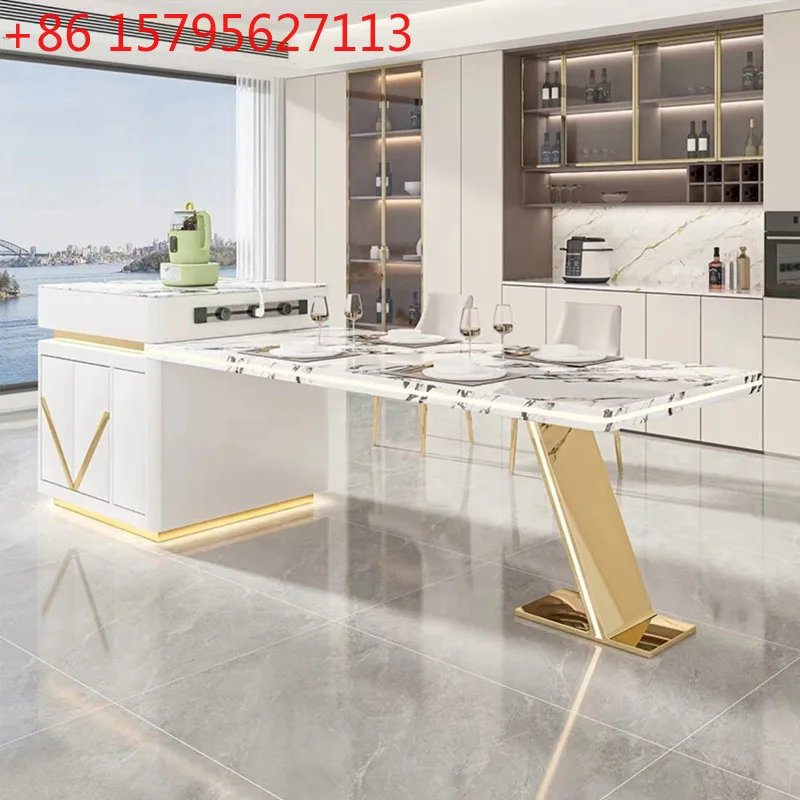 

Остров каменной плиты, обеденный стол, встроенный выдвижной металлический V-образный направляющий для ног, рабочий стол для разлива чайного бара