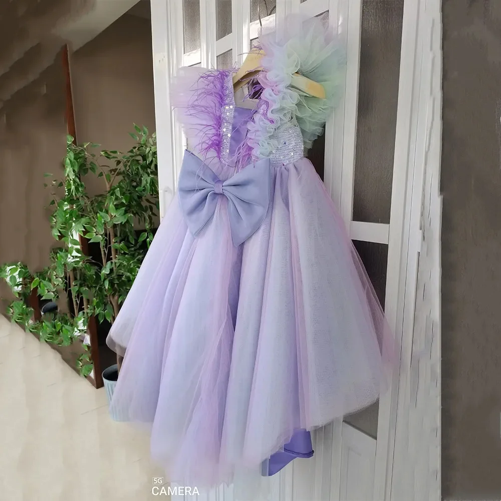 

Rainbow feather Bow Tutu Girl Dress Birthday Party Wedding Princess Evening Dresses Kid Clothes carnival fantasy party dress