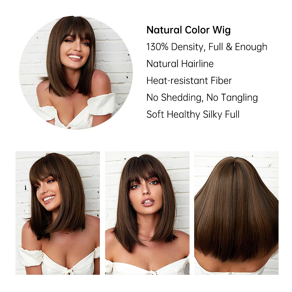 Brown Synthetic Wigs Medium Length Straight Wig with Bangs Hair for Black Women Daily Cosplay Use Heat Resistant