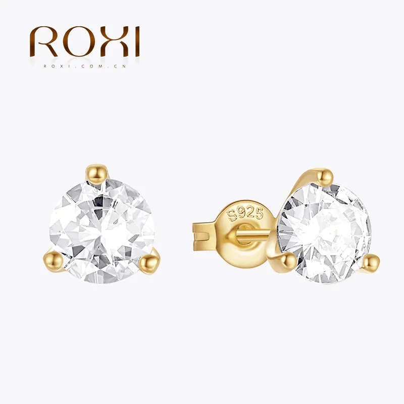 

ROXI 925 Sterling Silver Classic Three Claw Large Cubic Zirconnia Ear Piercing Gold Silver Color Wedding Stud Earrings For Women