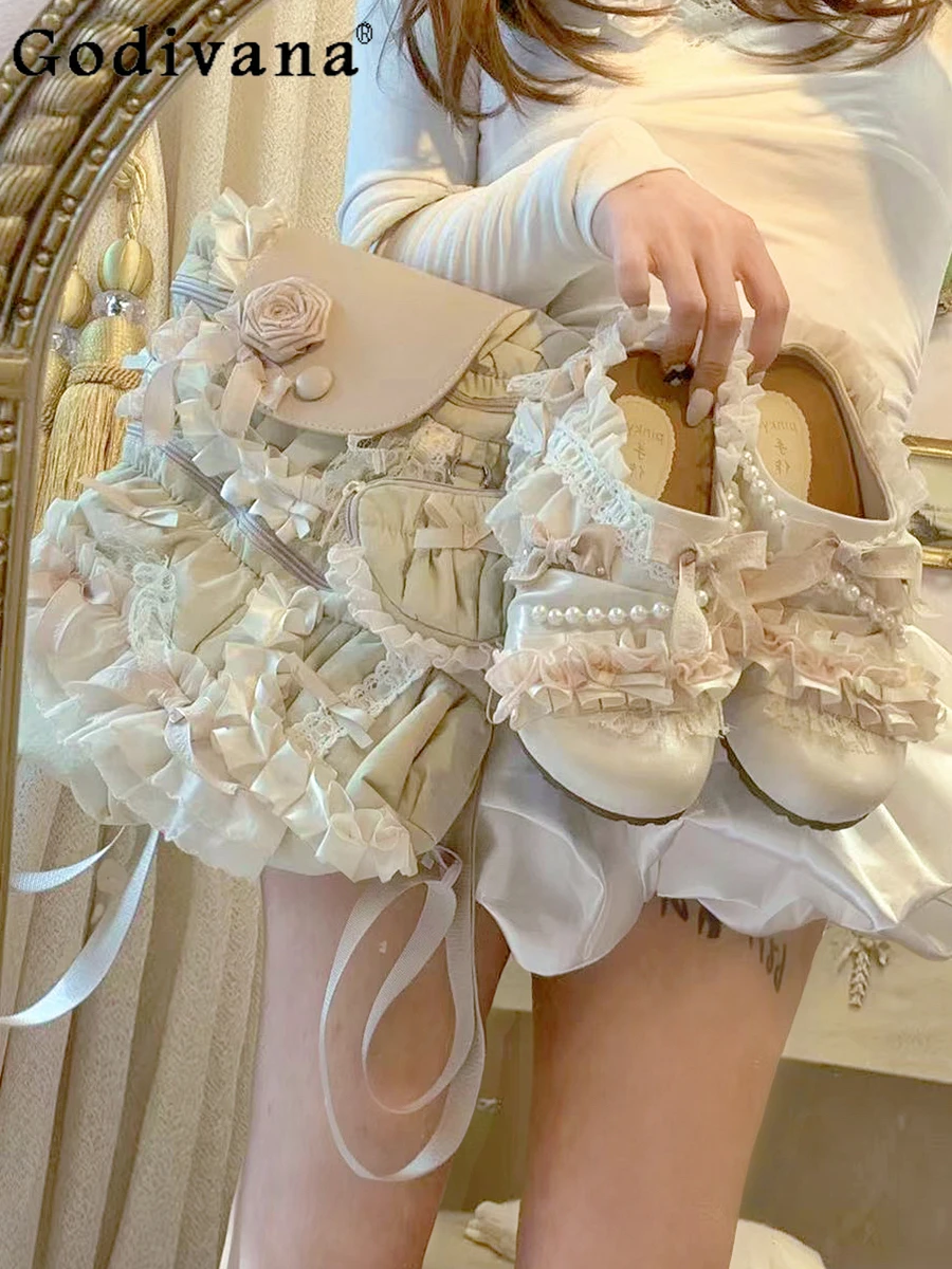 

Japanese Original French Lolita Lace Bow Lace Bag Head Half Slippers Sweet Cute Doll Summer Thick Bottom Cool Slippers