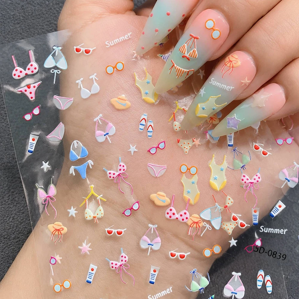1Pc Cute Summer Bikini Nail Stickers 5D Embossed Beach Theme Nail Decals Self Adhesive Nail Art Decor For Women Beach Nails