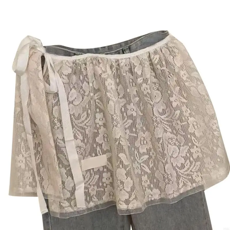 

39BC Aesthetic Flower Lace Layered Hip Covering Short Wrap Skirt Decorative Underskirt Apron Skirt with Bandage for Women