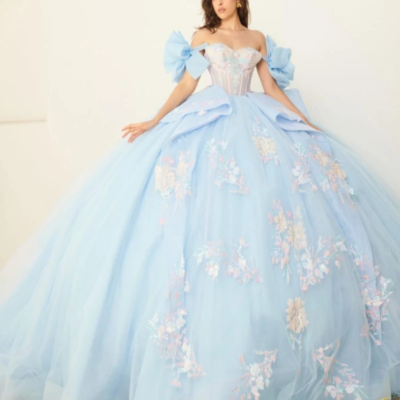 Błękitne, błyszczące sukienki na quinceañerę z odkrytymi ramionami, aplikacjami, koralikami, tiulowe sukienki na przyjęcie urodzinowe, słodkie szesnastki, vestidos 15 de años.