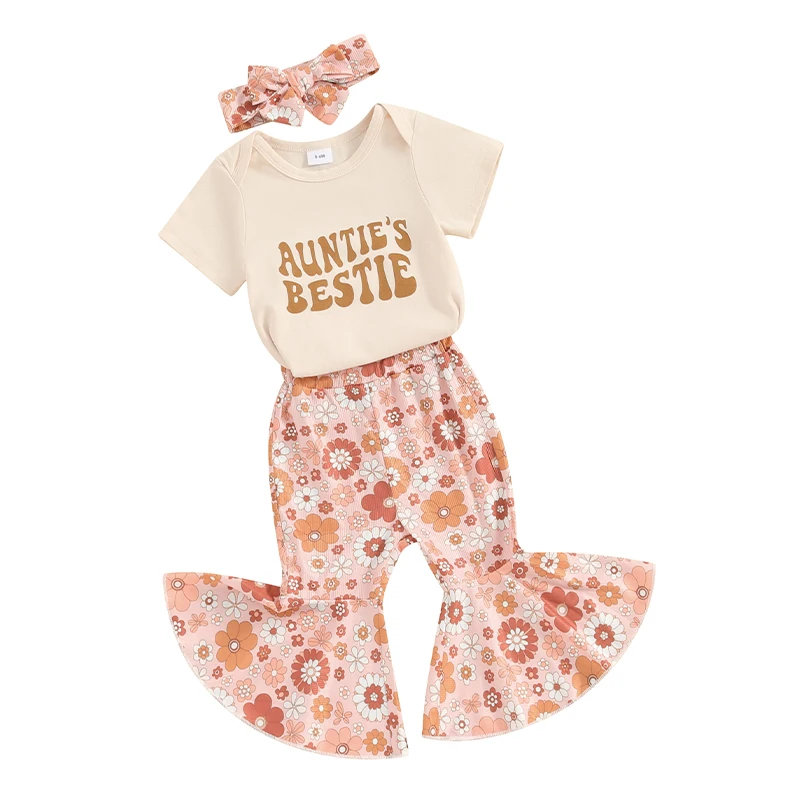 Aunties Bestie Baby Clothes Girl Letter Print Short Sleeve Romper Bell Bottom Headband 3Pcs Summer Clothes