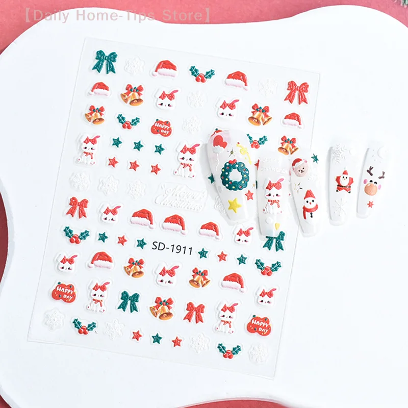 Christmas Lovely Cartoon Bowknot Santa Claus Snowman Christmas Tree Elk Snowflake Nail Art Stickers Xmas Cute Manicure Decals