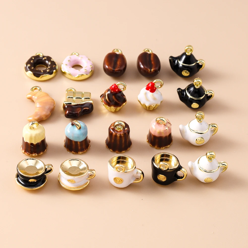 Leslie 5pcs Cute Creative Teapot Coffee Cup Donut Cake Coffee Charms Beads Fit DIY Brand Bracelet Necklace Jewelry Making Gifts