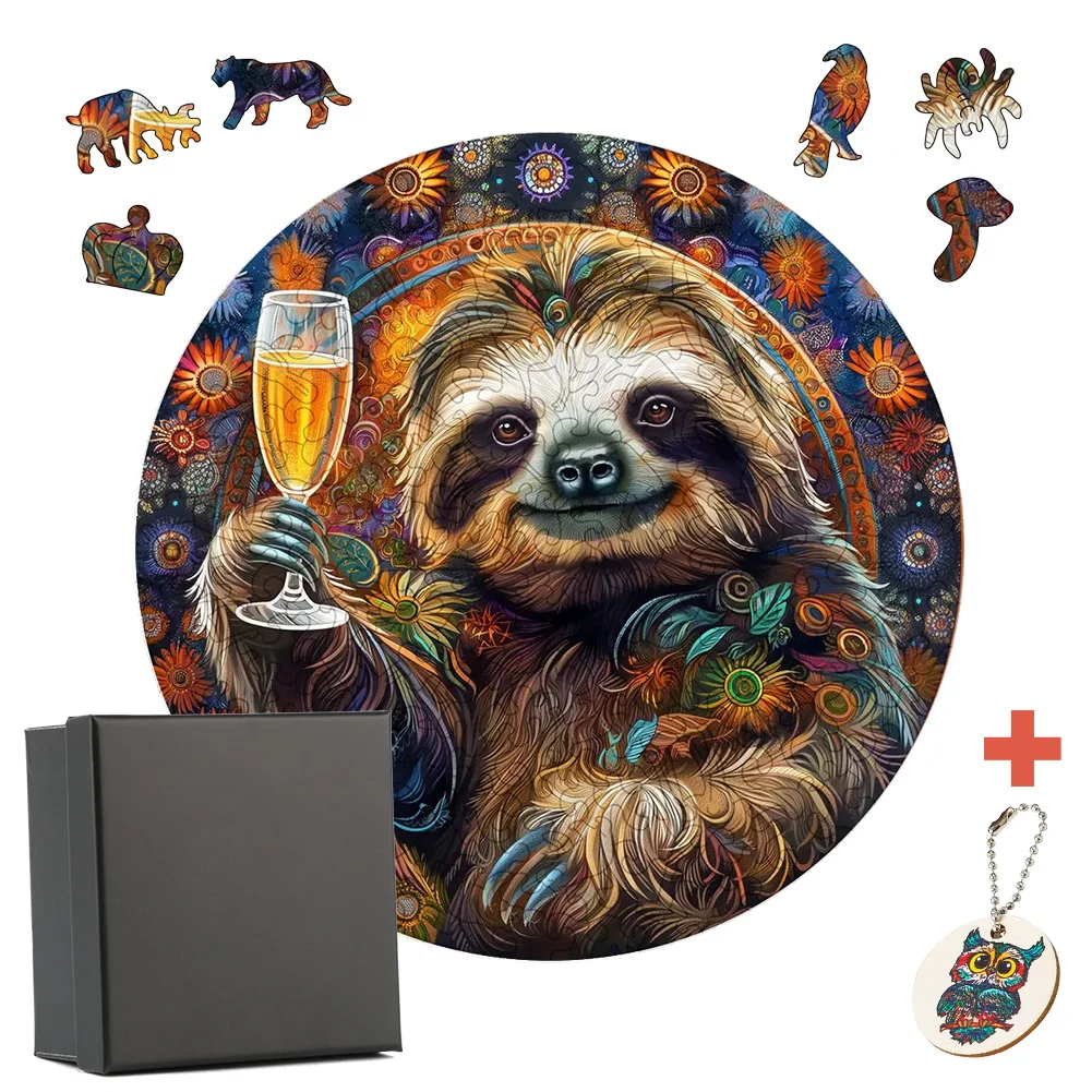 

Wooden Puzzles Sloth Holding Wine Glass Cute Animal Round Puzzle Board Toys Wooden Jigsaw Puzzle For Adults Games Gifts