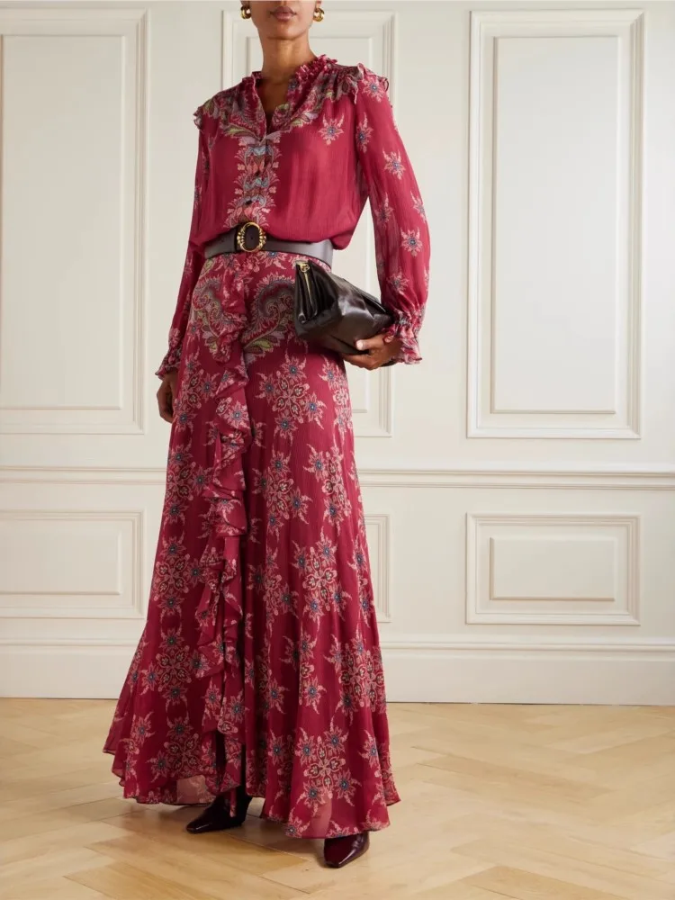 

Vintage Flower Print Chiffon Skirt Two Piece Set Women Fold Ruffles Shirt Long Skirts 2 Piece Sets Fashion Streetwear Female