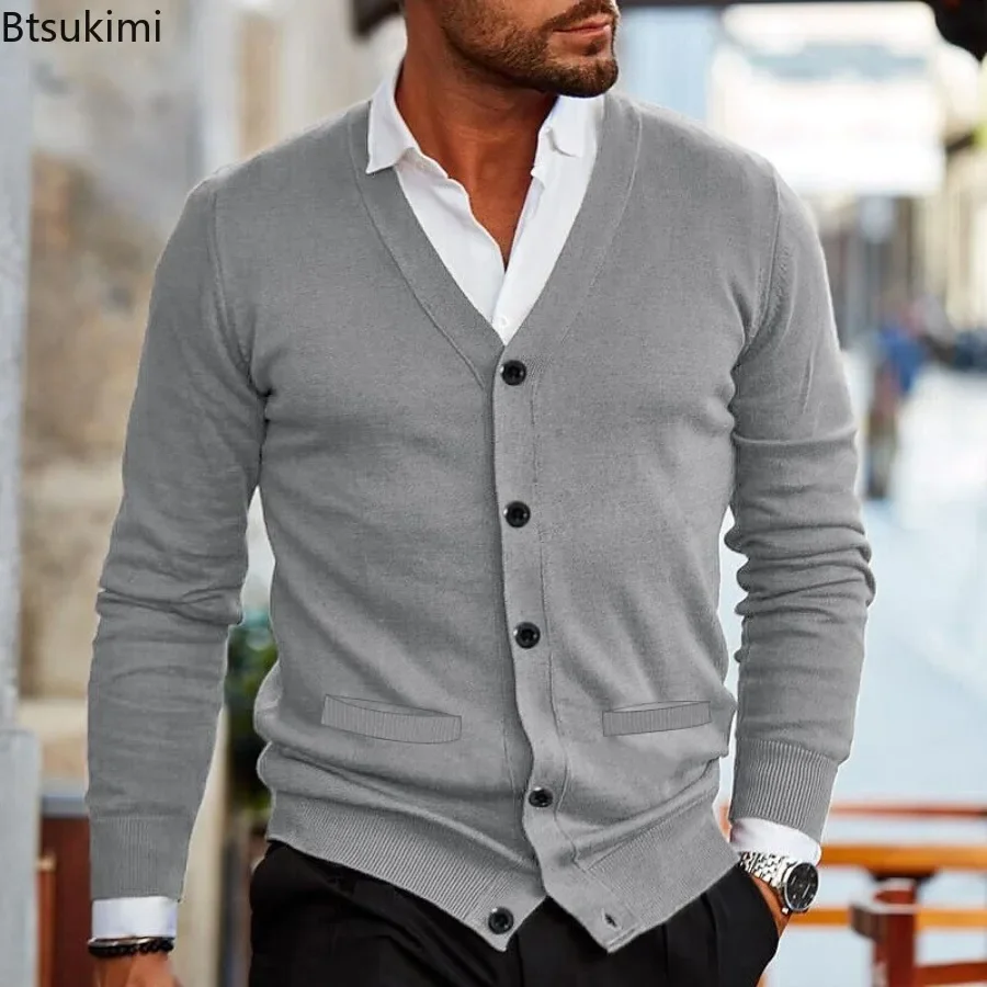 2024 Men's Solid Knit Sweaters Autumn Winter Long Sleeve V Neck Button Up Cardigan Jacket Man Business Casual Slim Sweater Coats