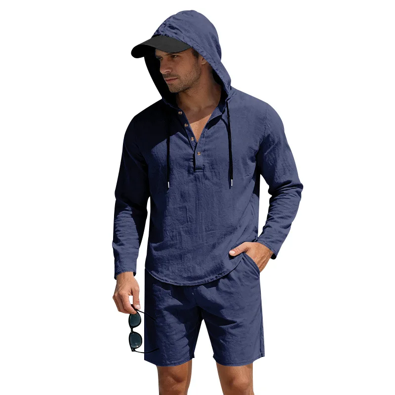 

Spring Summer Men's New Solid Color Long Sleeve Hooded Top And Shorts Two Piece Set Simple All Match Daily Casual Sport Outfit
