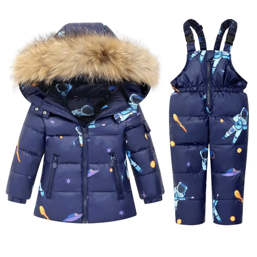 RAISE Winter Baby Boy 2PCS Clothes Set Real Fur Thicken Warm Toddler Boys Down Jacket Snowsuit Printed Kids Boy Overalls Outfits