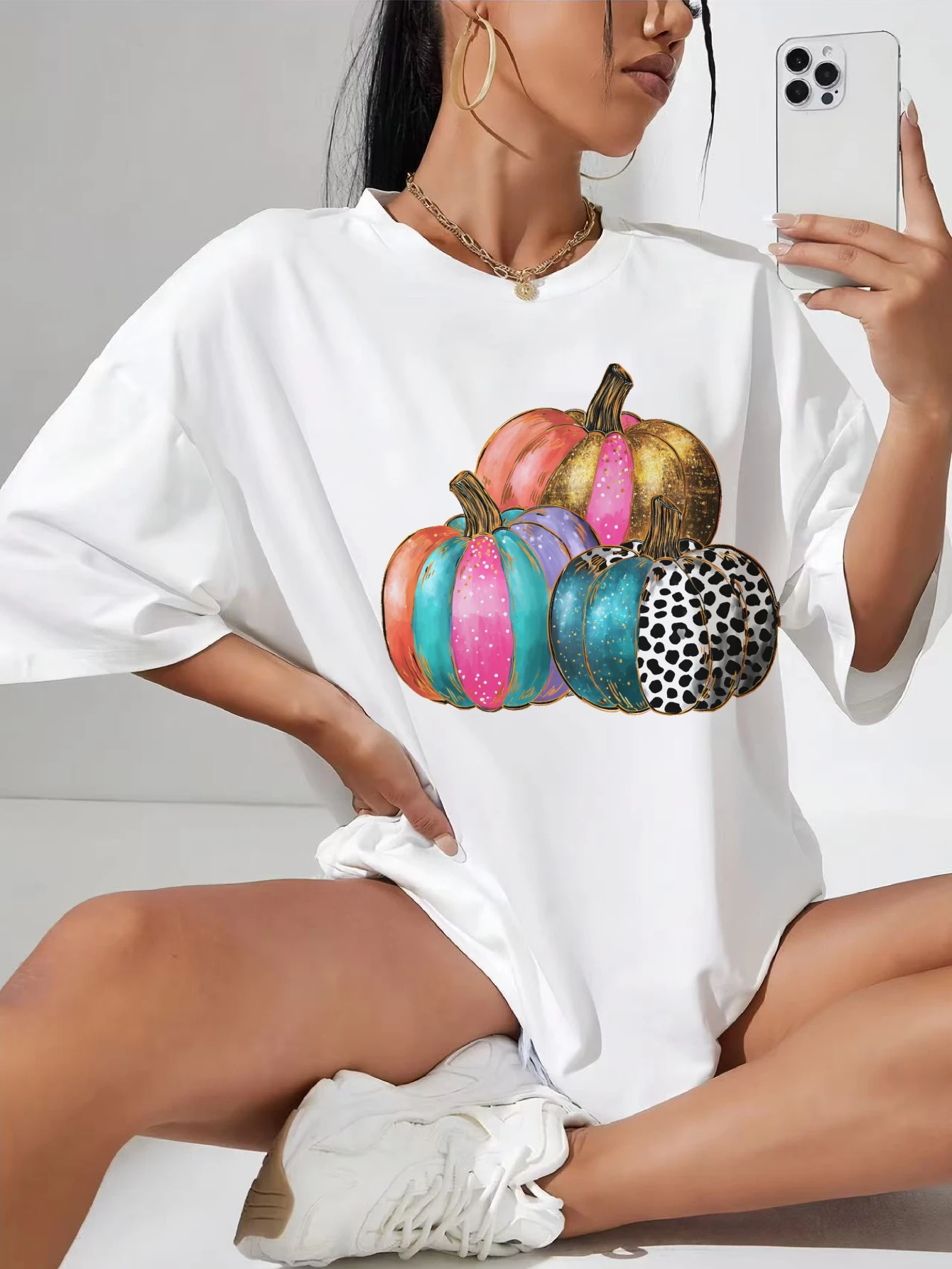

Halloween pumpkin Women’s White Round Neck Autumn Top Comfortable Soft Plus Size Clothing Halloween Fall Holiday Outfits