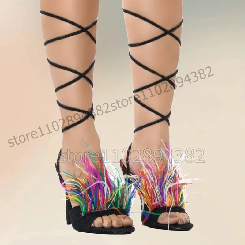 

Colorful Feather Decor Open Toe Twine Sandals Lace Up Women Shoes Thin High Heels Novel Fashion Party 2023 Zapatos Para Mujere