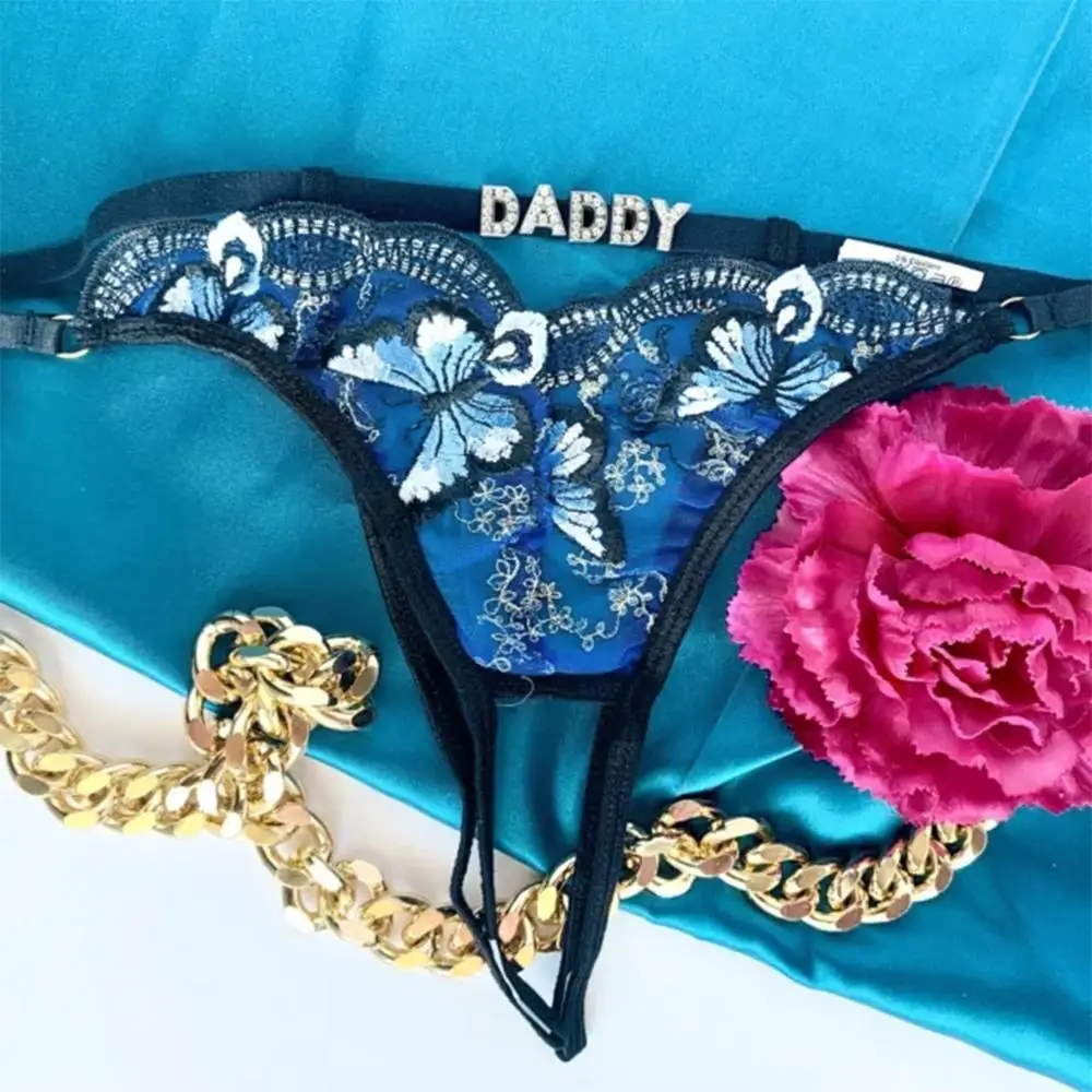 Personality String Custom Name Thong Exquisite Embroidery Blue Butterfly Sexy G-string Bikini With Crystal Letter Women Hotwife