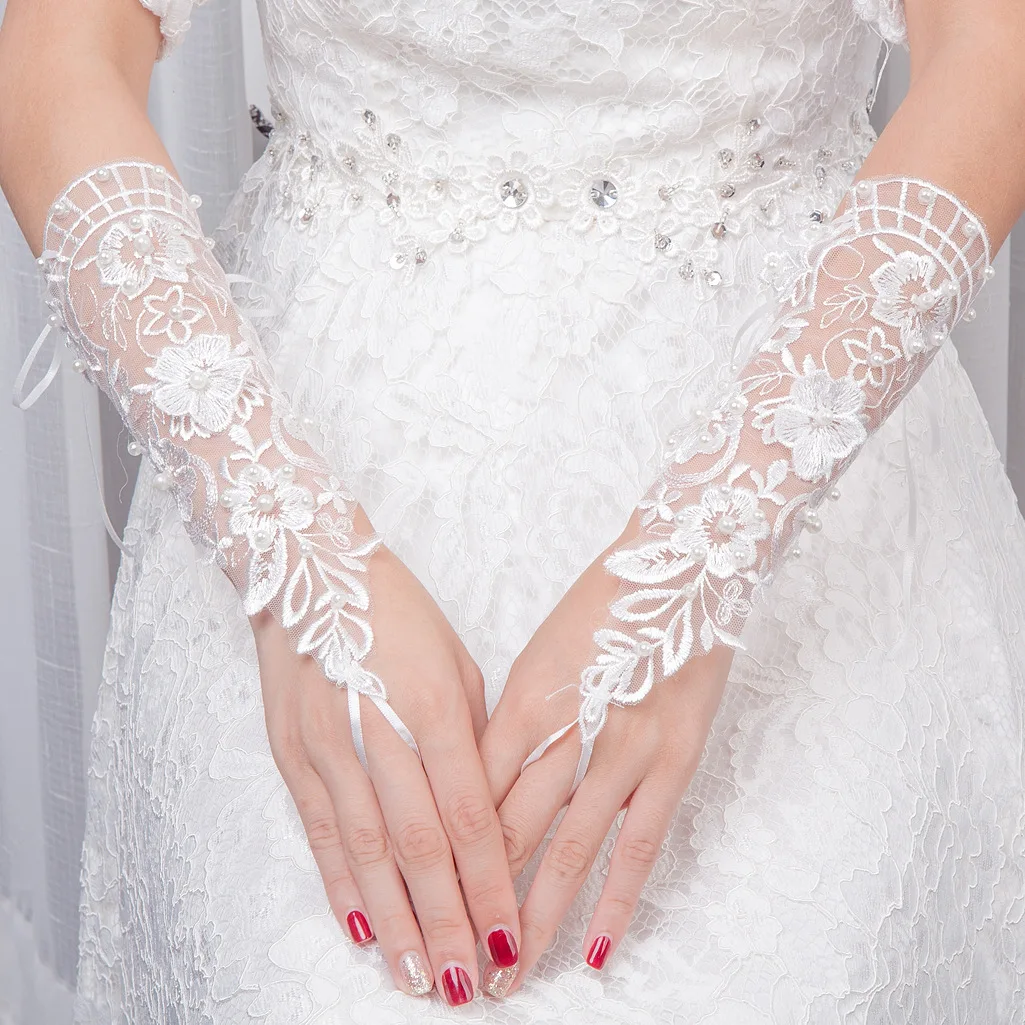 Guantes de boda de encaje para novia, guantes de novia con perlas, accesorios de boda blancos sin dedos hasta Eblow 2022