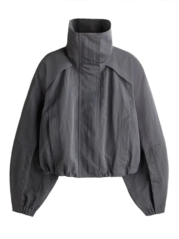 

Standing Collar Zipper Women's Short Jackets Lantern Sleeve Loose Grey Coats High Street Chic Tops Autumn New Female Clothes
