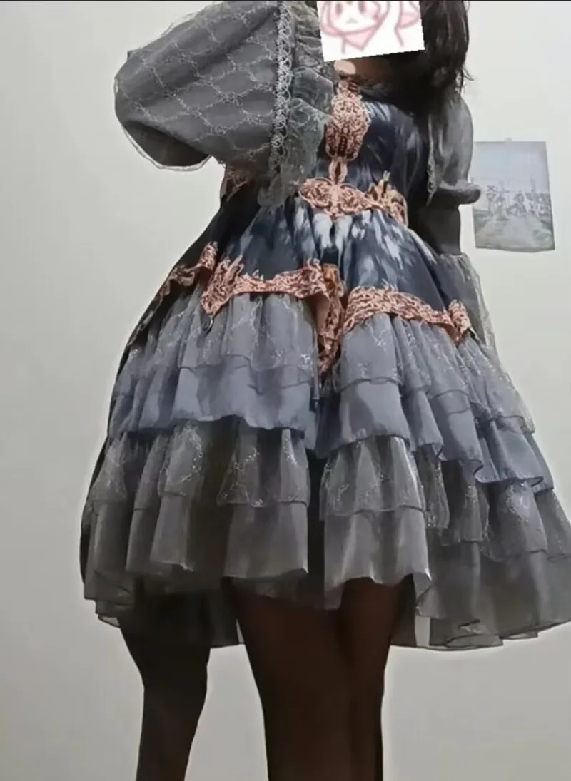Gothic Streetwear Lolita Style Camisole Dress Cosplay Costume Multi-layer Pleated Dress for Women Chic Design Shawl 2 Piece Set