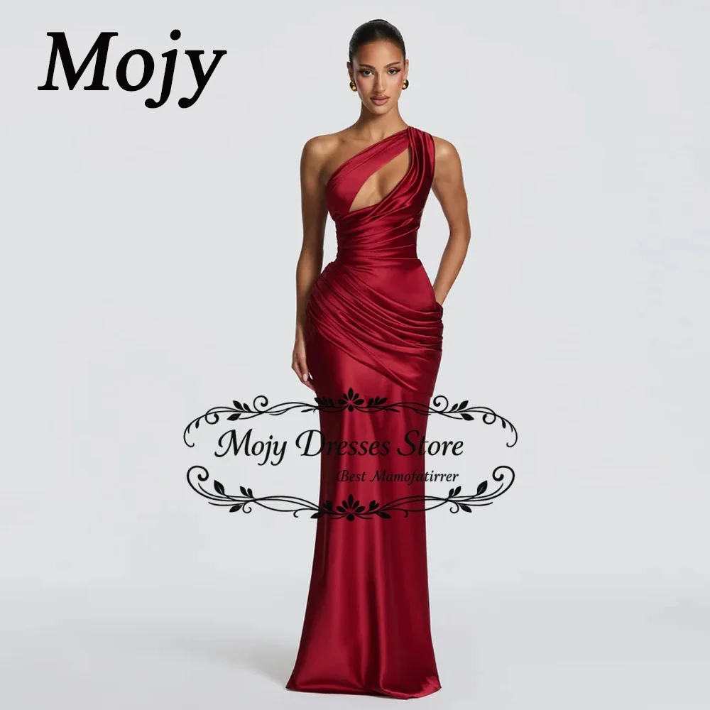 

Mojy Women Red Ruched Elegant Satin Maxi Dress Mermaid One-shoulder Cutout Slim Fit Flowy Vestido 2026 Evening Vestidos