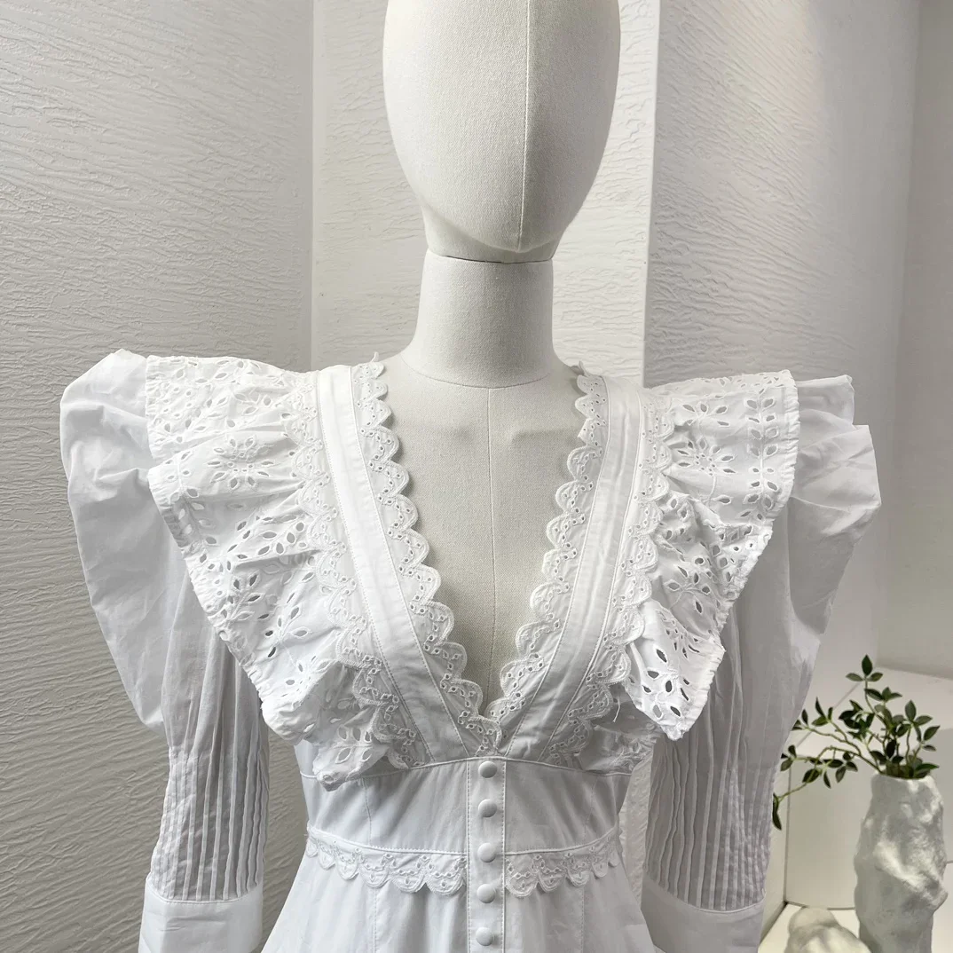 Cotton 2024 New Summer Holiday Design White Embroidery Hollow Out Half Sleeve Ruffles Deep V-neck Backless Mini Dress