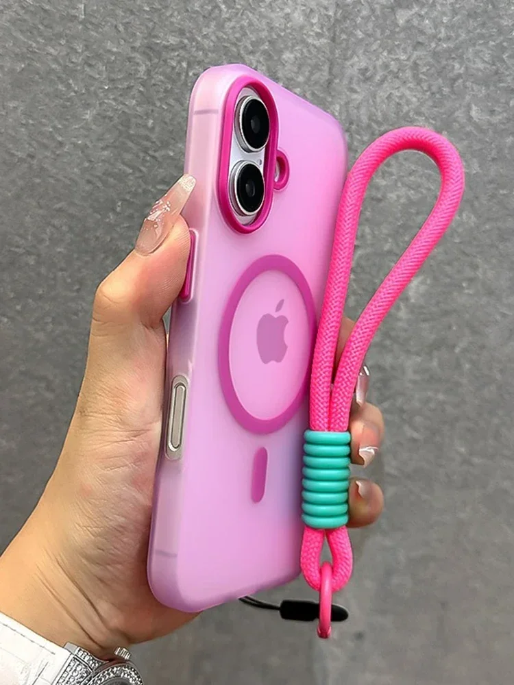 Para magsafe doce cor contraste cordão caso para iphone 16 15 pro max 14 plus 11 12 13 16e mão alça