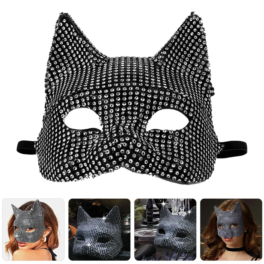 

Rhinestone Cat Mask Masquerade Party Prop Decorative Halloween Costume Accessories Women Mask for Festival Cosplay Props