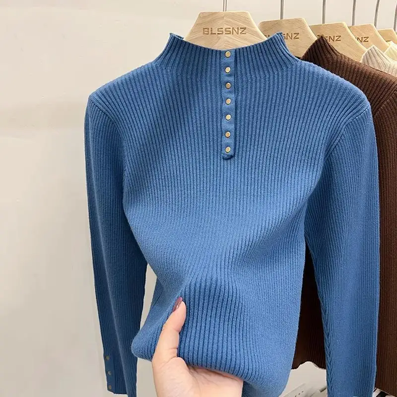 Suéter de punto de Cuello medio alto grande para mujer, suéter versátil de manga larga, nuevo diseño de moda, Otoño e Invierno