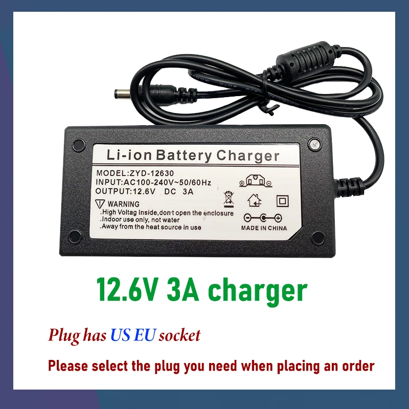 12.6V 3A 18650 Lithium Battery Charger for 3 Series Lithium Battery C Battery 12V Battery Smart Charger + US EU AC Power Cord