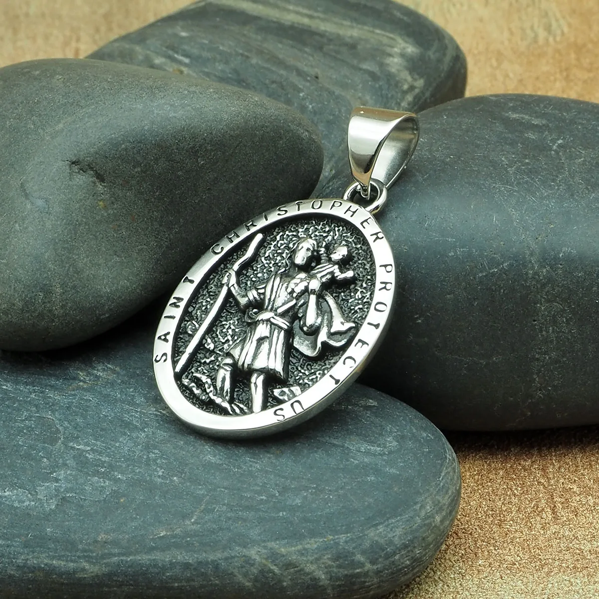 Free Shipping Punk 316L Stainless Steel Silver Color Saint Christopher Protect US Pendant  Angle Necklace Ancient Jewelry