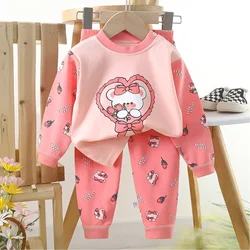New 2025 Kids Girls Casual Warm Pajamas Cute Cartoon Rabbit Long Sleeve T-Shirt Tops + Pants Baby Autumn Sleepwear Clothing Sets