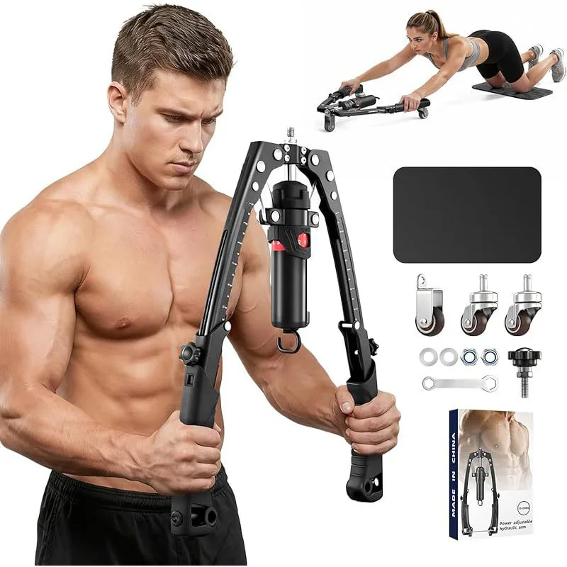 

Hydraulic arm strength device with adjustable arm strength bar for training chest muscles and arm grip strength