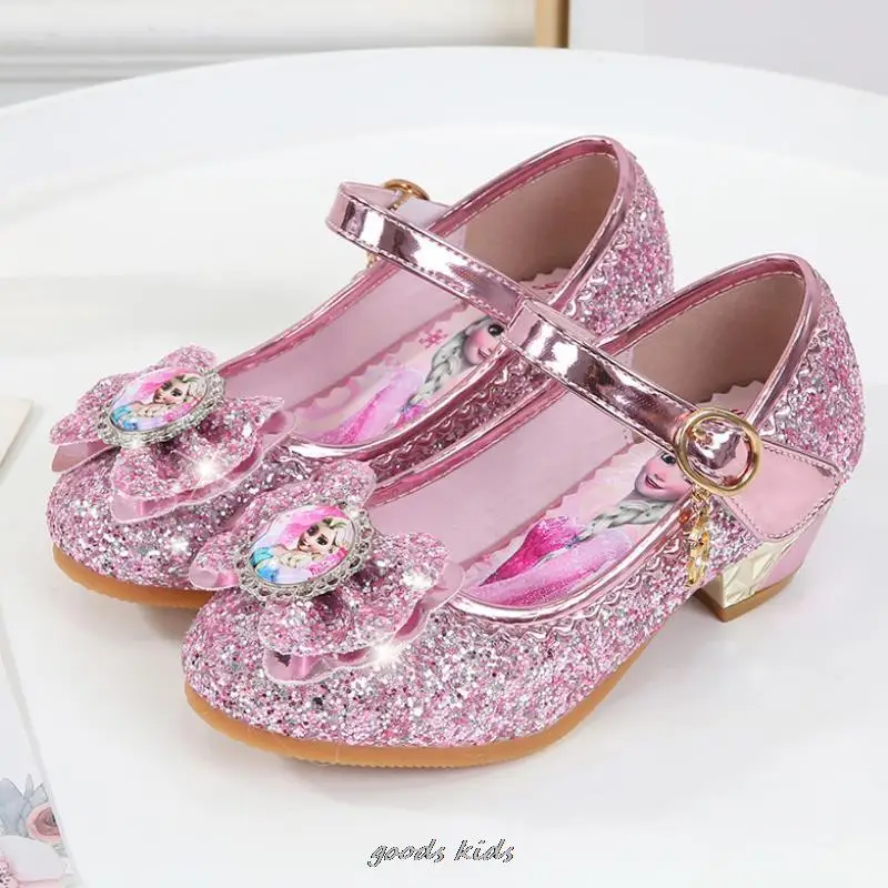 Disney-Sandales en cuir à talons hauts pour filles, Elsa Party, PU, Chaussures pour enfants, Chaussures simples pour enfants, Robe de danse, Cadeau,