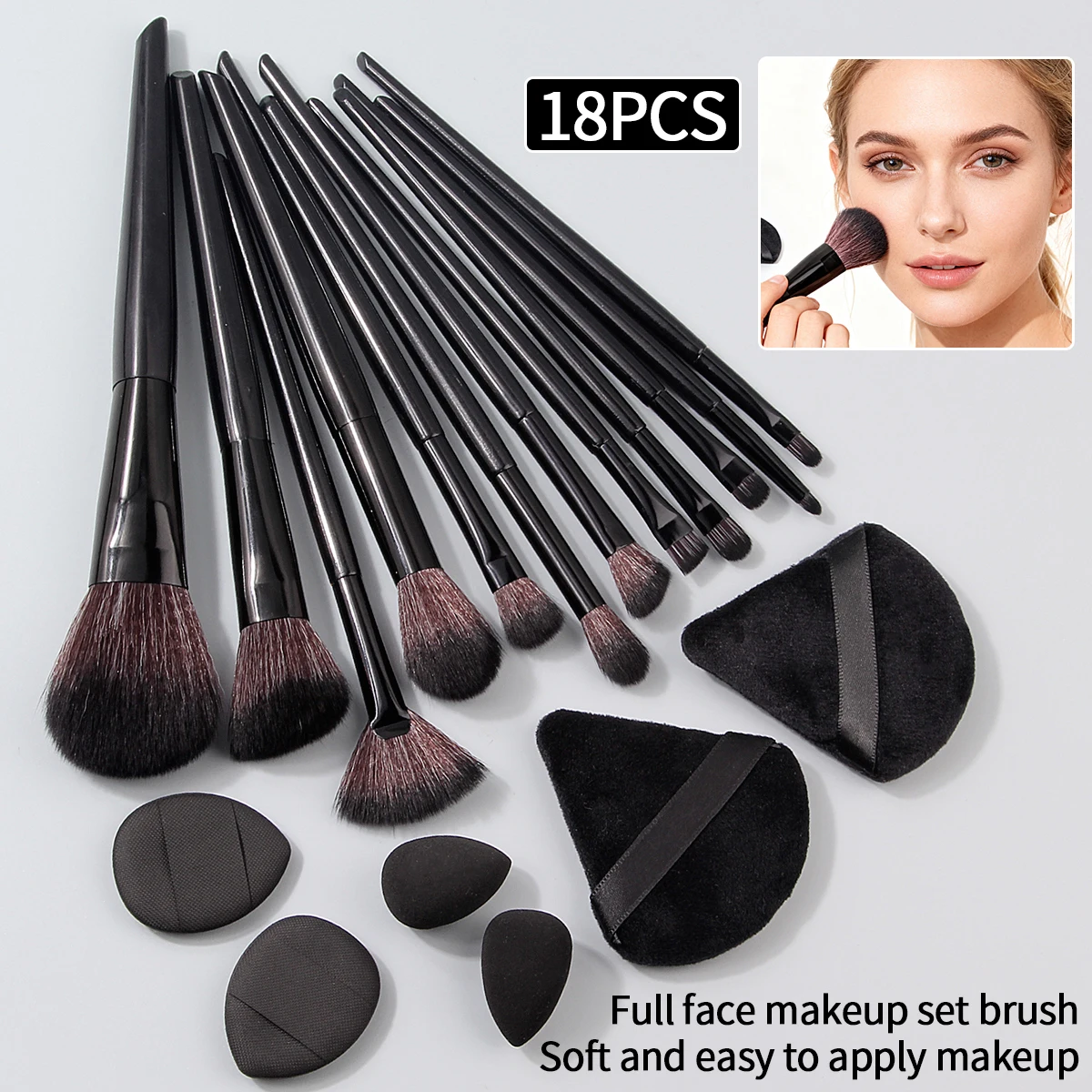6/12/18PCS 소프트 메이크업 브러쉬 세트: 다목적 페이셜 브러쉬 & 삼각형 파우더 퍼프 & 미니 스펀지 에그/파우더 퍼프