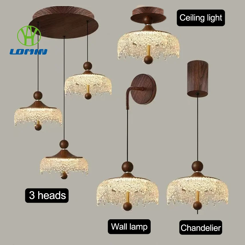 French-style Droplet Restaurant Chandelier, Three-head Long Tray Ceiling Light, Bar Counter Vintage Walnut/black Pendant Lamp