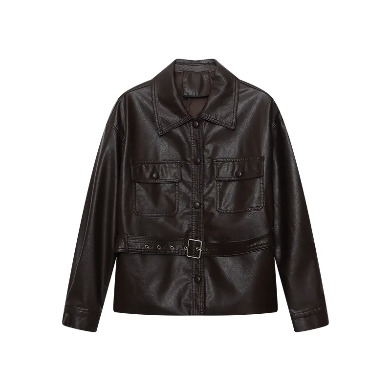 النساء فو سترات من الجلد الصلبة معاطف قصيرة مربوطة طويلة الأكمام رفض طوق فضفاض مكتب سيدة عادية 2025 ربيع الخريف