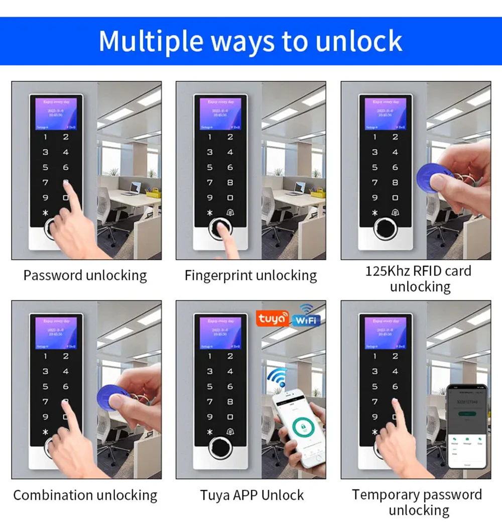 الذكية تويا واي فاي قفل كهربائي فتاحة بصمة التحكم في الوصول لوحة المفاتيح IP68 مقاوم للماء EM بطاقة RFID لوحة المفاتيح الرقمية مع LCD
