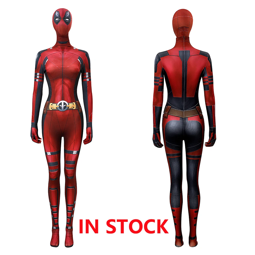 

Lady Red Villain Cosplay Costume Jumpsuit with Headmask Wade Wilson Bodysuit Halloween Outfits Suit for Adult Women Any Size