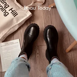 BeauToday botki platformy kobiety skóra bydlęca Chelsea Boots okrągły nosek gumką gruba podeszwa buty damskie Handmade 02379