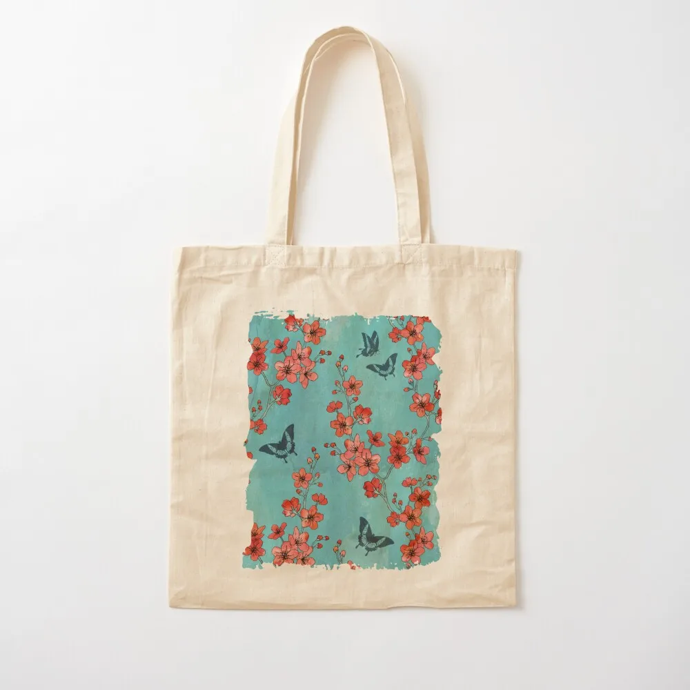 Sakura butterflies in turquoise Tote Bag Custom bag reusable grocery bags female bag