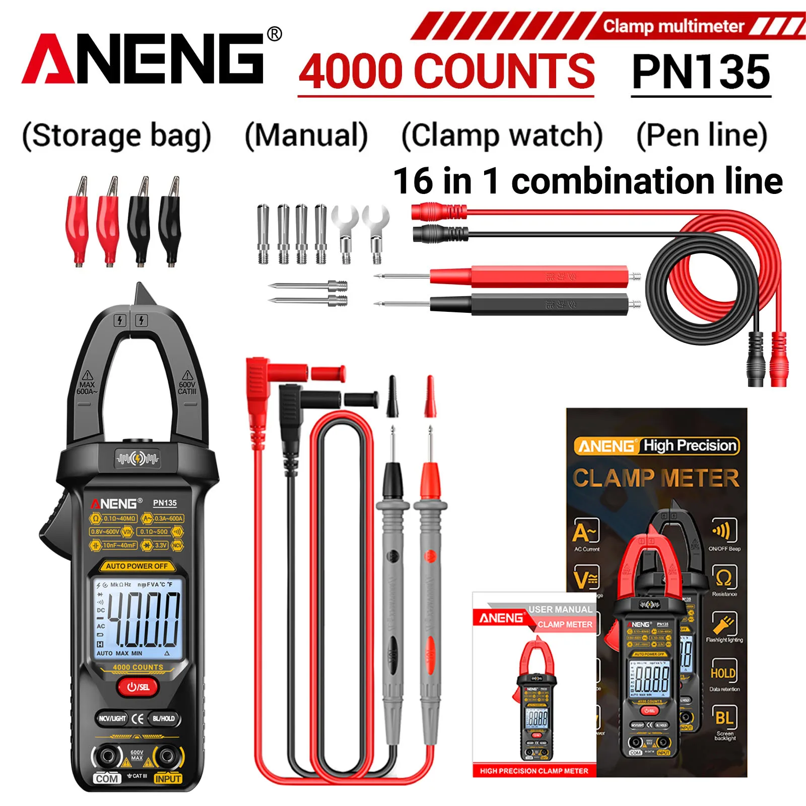 ANENG PN135 Ammeter Car AC/DC Voltage Current voltmeter NCV Ohm Capacitance Test Tools Smart Multimeter Clamp Meter 4000 Counts