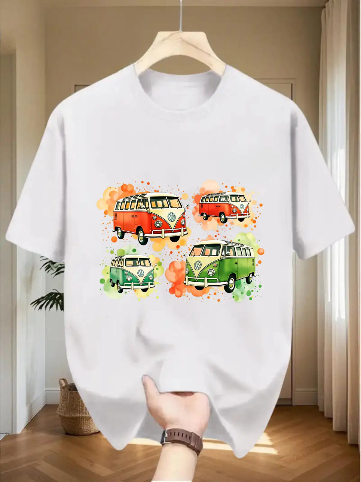 Four Retro VW Camper Van Watercolor Splash Travel Print 100% Cotton Black Crewneck T‑Shirt view 2