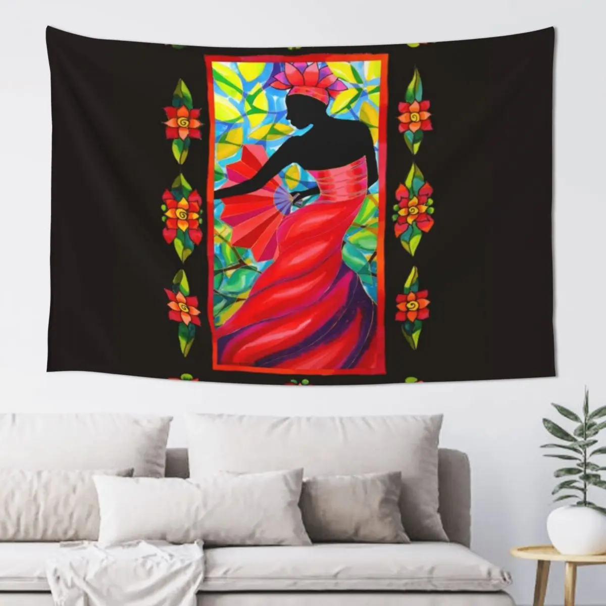 

Red Dress Fan Dancer with Mestizo Border Belize Tapestry Home Decorating Anime Decor Tapestry