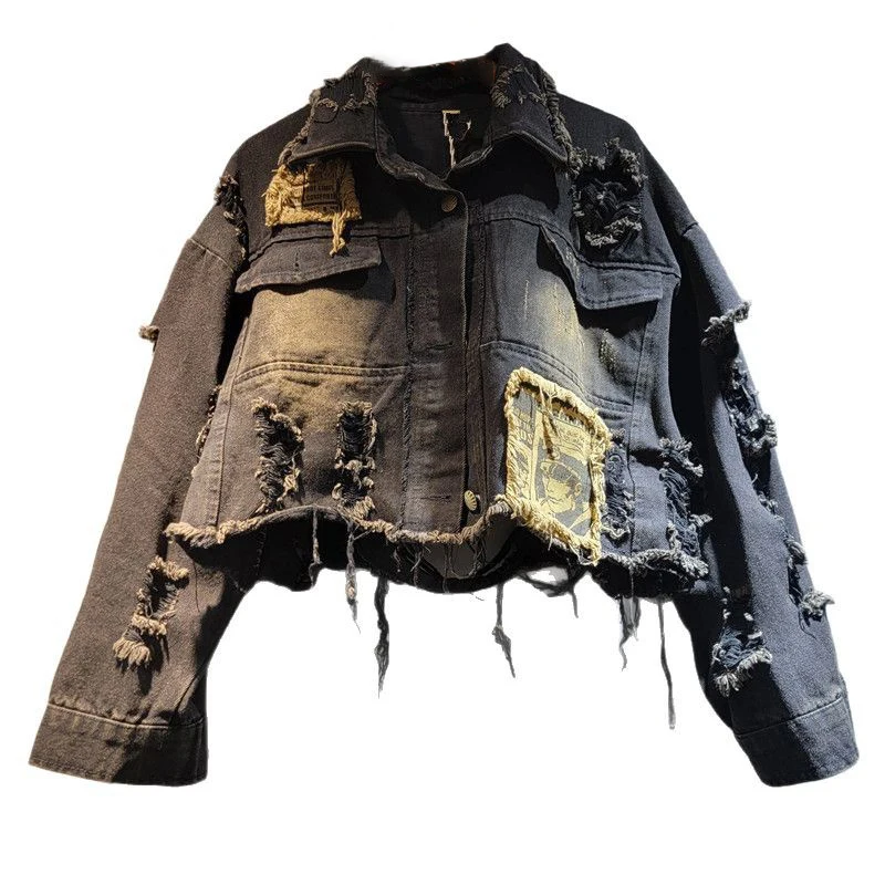 WTHT Vintage Fashion Women's Patchwork Hole Plush Edge Denim Jacket 2025 Summer Trendy Lapel Long Sleeves Coat Female 1LS1275